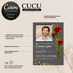 Invitación editable para funeral con fotografía destacada, texto personalizable y estilo elegante que permite crear un recuerdo único y lleno de significado en minutos / Editable funeral invitation with highlighted photo, customizable text and elegant style that allows you to create a unique and meaningful remembrance in minutes