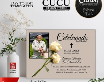 Szablon zaproszenia na pogrzeb w języku hiszpańskim | Celebracja życia (Canva do edycji)