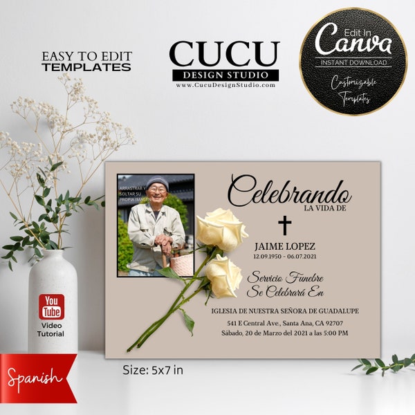 Spanish Funeral Invite Card | Spanish In Loving Memory Invite | Spanish Celebration of Life  | Canva Template Easy to Edit | FAC111_Spa