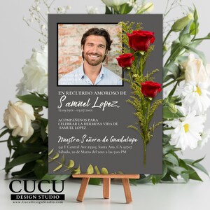 Tarjeta de funeral 5x7 con rosas rojas y diseño moderno que simboliza amor, respeto y recuerdo eterno, ideal para crear un homenaje significativo y profesional / 5x7 funeral card with red roses and modern design symbolizing love, respect and eternal remembrance, ideal for creating a meaningful and professional tribute
