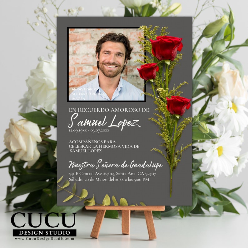 Tarjeta de funeral 5x7 con rosas rojas y diseño moderno que simboliza amor, respeto y recuerdo eterno, ideal para crear un homenaje significativo y profesional / 5x7 funeral card with red roses and modern design symbolizing love, respect and eternal remembrance, ideal for creating a meaningful and professional tribute