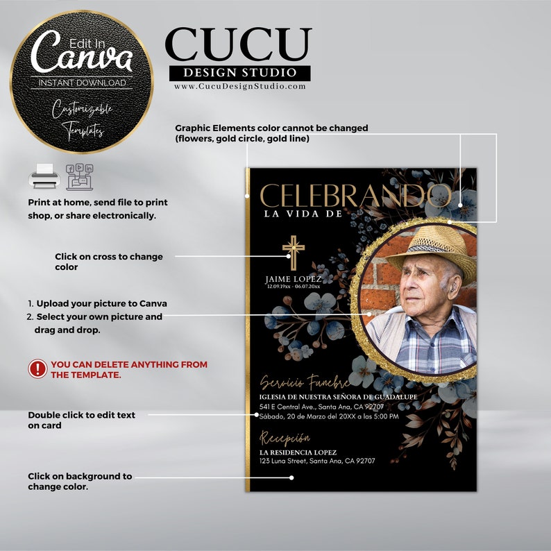 Invitación conmemorativa editable con estilo moderno tipo lujo, perfecta para crear un recuerdo elegante y duradero / Editable memorial invitation with modern luxury style, perfect for creating an elegant and lasting keepsake