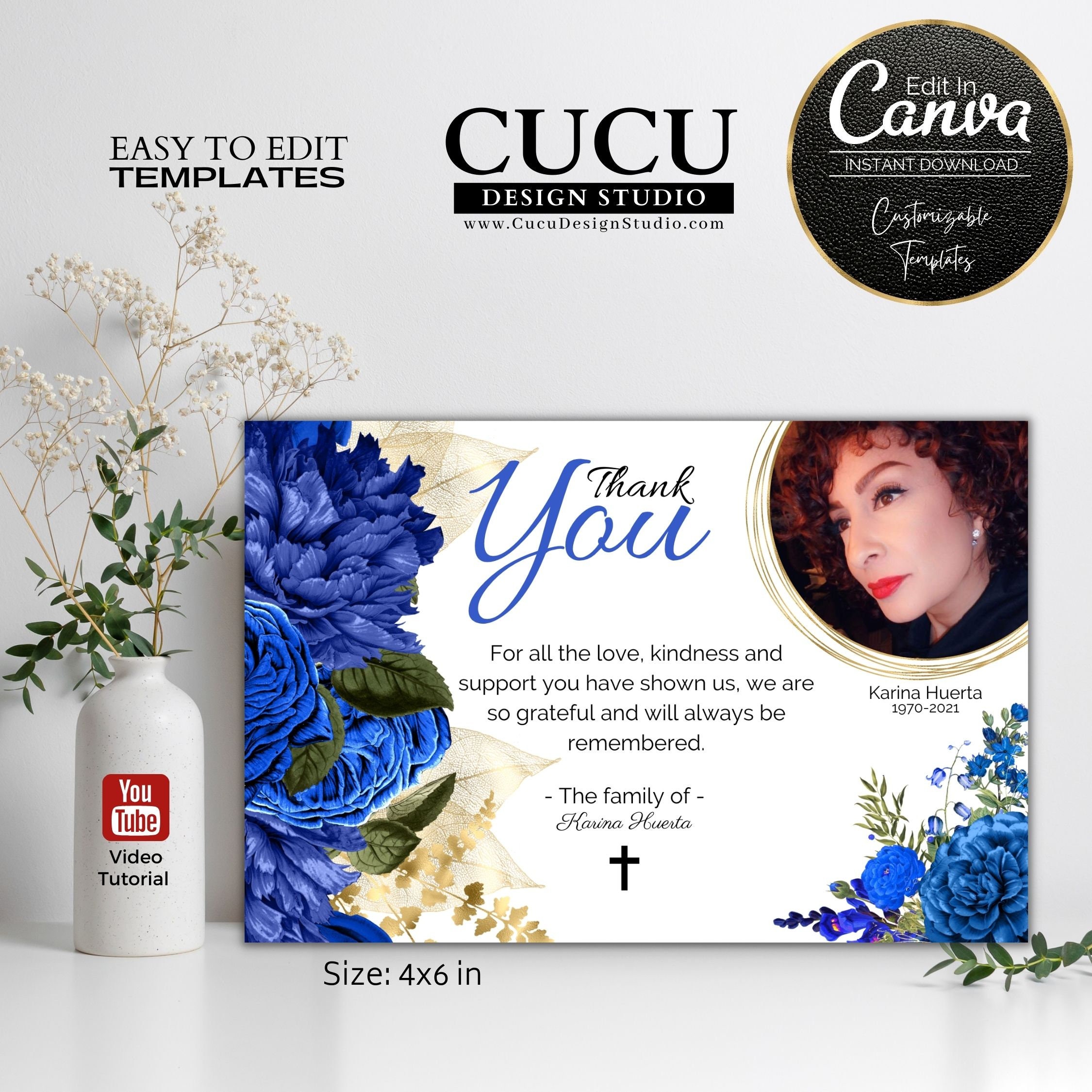 Blue Flower Funeral Thank You Card Template | Canva (digital Download ...