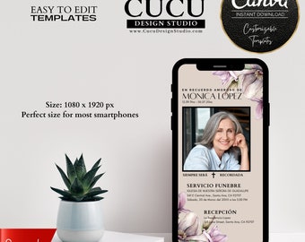 Invitacion funeral Canva editable, memorial smartphone template, En Recuerdo Amoroso Spanish digital card celebration of life movil elegante