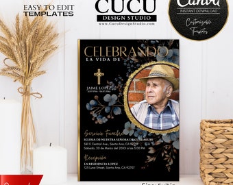 Peut inclure: Une carte d'annonce de funérailles noire et dorée avec une photo d'un homme portant un chapeau de paille. La carte indique "Celebrando La Vida De Jaime Lopez" et comprend les dates de sa naissance et de son décès. La carte comprend également des informations sur les funérailles et la réception.