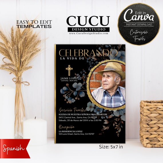 Elegant Funeral Invite Canva Template, Invitación Funeral Español Editable, Black Gold Memorial Card, Celebrando La Vida, Instant Download