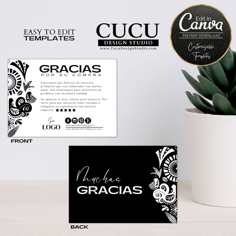 Diseño de tarjeta para pequeños negocios con mensaje de agradecimiento en español, perfecta para incluir en empaques Etsy y conectar emocionalmente con clientes / Thank you card design for small businesses with Spanish message, perfect for Etsy packaging inserts and creating emotional connection with customers