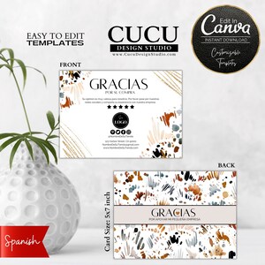 Puede incluir: Una plantilla de tarjeta de agradecimiento con fondo blanco y un diseño abstracto colorido. El texto en el frente de la tarjeta dice "Gracias por su compra" y el texto en la parte posterior de la tarjeta dice "Gracias por apoyar mi pequeña empresa". La tarjeta mide 12,7 x 17,8 cm.