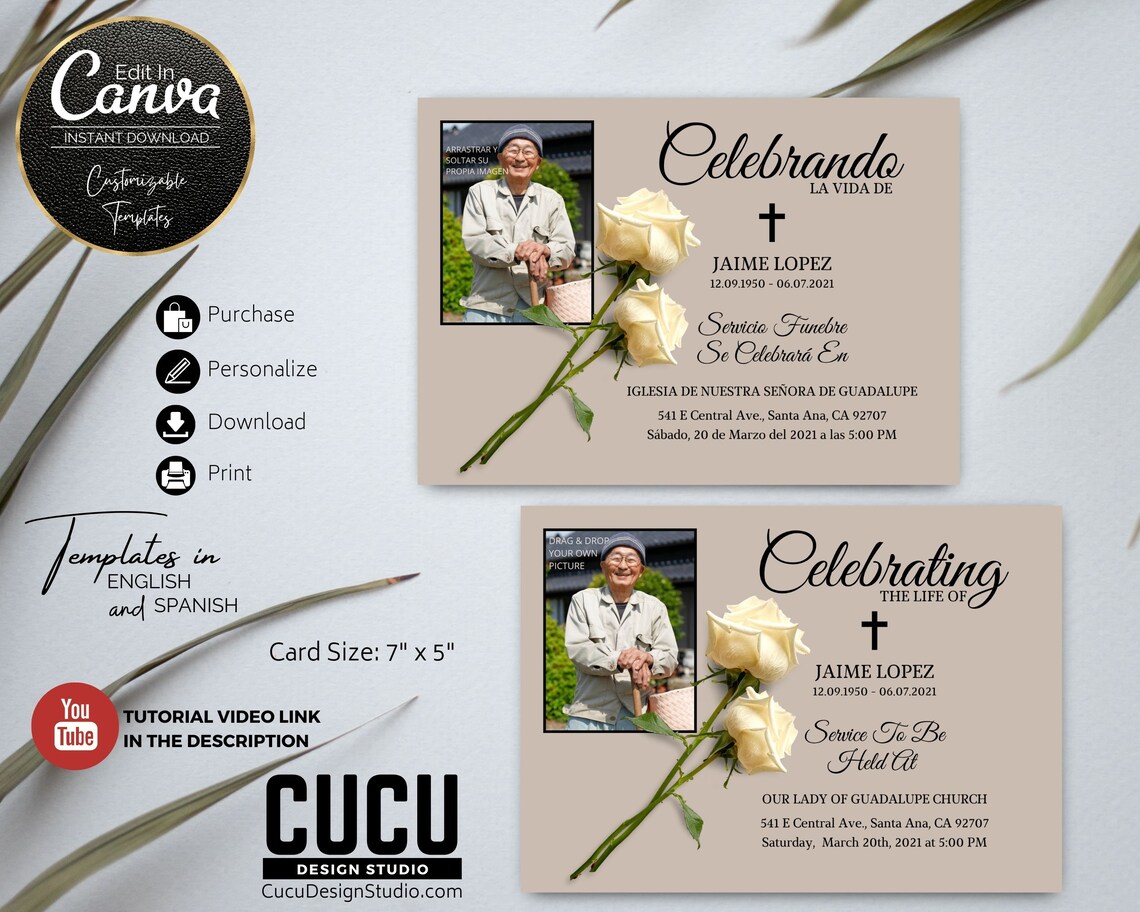 English Spanish Funeral Announcement Card Template In Loving Etsy