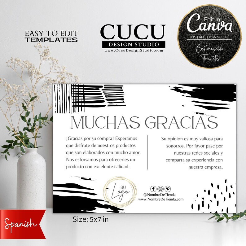 Plantilla Canva tarjeta gracias por su compra con espacio para logo redes sociales diseño moderno elegante para emprendedores / Canva thank you card template with logo and social media space modern elegant design for small business owners