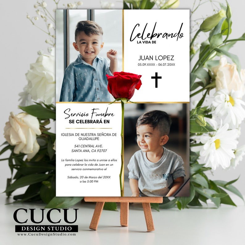 Plantilla de invitación funeraria con estilo limpio y emocional, incluye espacio para múltiples fotos y detalles del servicio, perfecta para crear un homenaje visual lleno de significado / Funeral invitation template with clean emotional style, includes space for multiple photos and service details, perfect for creating a meaningful visual tribute to celebrate and honor a loved one’s life