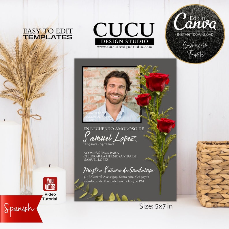 Invitación de funeral elegante con fondo gris suave, rosas rojas verticales y foto central que transmite amor eterno, perfecta para honrar la vida de un ser querido con diseño editable en Canva fácil de personalizar / Elegant funeral invitation with soft gray background, vertical red roses and centered photo conveying eternal love, perfect for honoring a loved one with an easy to edit Canva template