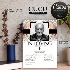 May include: A black and gold funeral announcement template featuring a floral design and a photograph of a man. The text reads "In Loving Memory of Armando Lopez 12.09.19xx - 06.07.20xx". The announcement provides details about the funeral service and reception, including the date, time, and location.