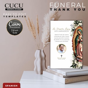 Cartão de funeral da Virgem Maria | Modelo de funeral da Virgen de Guadalupe | Modelo de agradecimento de funeral em espanhol | Cartão de funeral católico | FTC142_Spa