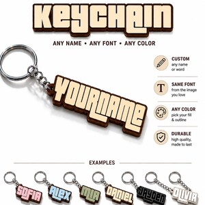 May include: A custom keychain featuring a metal ring and chain attached to a name tag with the text YOURNAME in a bold, blocky font. The design includes a dark brown outline and a light cream fill. Six additional examples show various colour combinations.