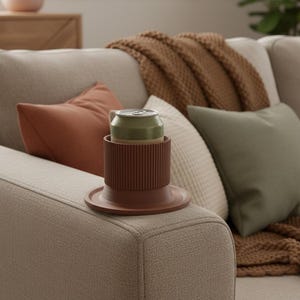 Puede incluir: Un portavasos marrón con un diseño acanalado y un posavasos a juego sostiene una lata verde sobre un sofá beige. El sofá tiene cojines naranjas y verdes y una manta marrón.