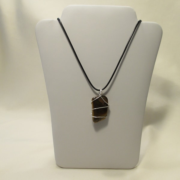 Tiger's Eye Wire Wrapped Crystal Necklace on Adjustable Black Cord, Tumbled Healing Stone, Pendant, Gift