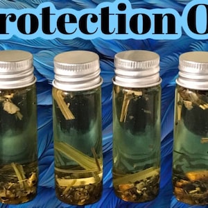 May include: Four small glass bottles filled with a clear liquid and various herbs and botanicals. The bottles have silver lids and are labeled "Protection Oil".