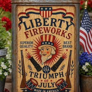 May include: A rectangular metal container with a wooden front featuring patriotic imagery. The design includes the words "LIBERTY FIREWORKS," Uncle Sam, cannons, rifles, and drums. The words "USA," "Triumph of July," and "Made in America" are also visible.