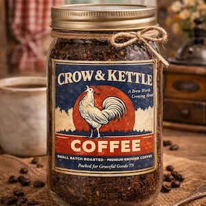 Koffielabel Crow & Kettle, vintage haankunst, rustieke boerderijkeuken afdrukbaar (digitale download)