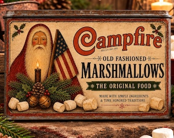 May include: A rectangular metal tin for Campfire Old Fashioned Marshmallows featuring a vintage illustration of Santa Claus, an American flag, a lit candle, pine branches, and pinecones. The text reads Campfire Old Fashioned Marshmallows.
