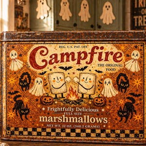 Puede incluir: Una lata de malvaviscos Campfire vintage con gr&aacute;ficos tem&aacute;ticos de Halloween, que incluyen fantasmas, calabazas y murci&eacute;lagos. La lata est&aacute; junto a un cuenco de malvaviscos y una taza con tem&aacute;tica de Halloween. Una figura de gato negro est&aacute; en primer plano.