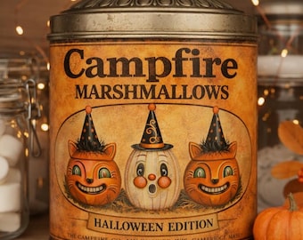 Etiquetas para latas de malvaviscos de Halloween (juego de 2) - Vintage Campfire, Folk Art