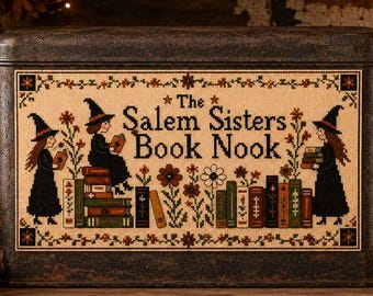 Primitive Witches Faux Cross Stitch Label, Salem Sisters Book Nook (Digital Download)