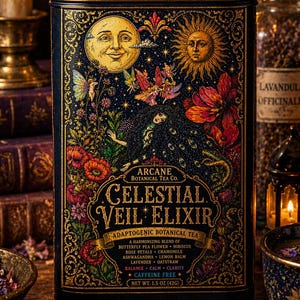 May include: A dark blue tin of Celestial Veil Elixir tea with a celestial design featuring a smiling moon, sun, and floral elements. The tin has gold accents and the text "Arcane Botanical Tea Co." and "Celestial Veil Elixir". The net weight is 1.5 oz (42g).
