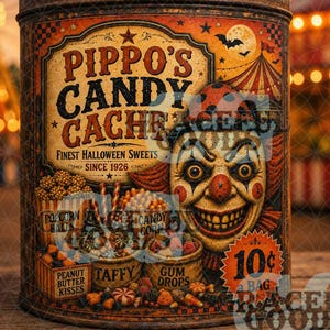 May include: A cylindrical metal tin featuring a vintage-style label with the text Pippo's Candy Cache, Finest Halloween Sweets, Since 1926. The design includes a clown face, illustrations of popcorn, candy corn, and taffy, and a 10 cents price tag.
