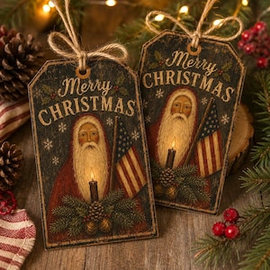 May include: Two rectangular wooden gift tags featuring a vintage-style illustration of Santa Claus with a long white beard, holding a lit candle and an American flag. The text Merry Christmas is printed at the top, with jute twine loops for hanging.