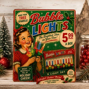 May include: A rectangular metal sign featuring a vintage illustration of a girl holding bubble lights. The text reads: Make Your Tree Sparkle! Bubble Lights, The Brightest Idea on Your Tree!, 5.99 A Box, 9 Light Set, and Bright Beautiful & Full of Holiday Cheer.