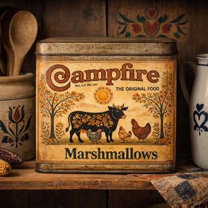 Peut inclure: Boîte de guimauves Campfire vintage avec un design rustique. L'étiquette présente une vache noire avec des motifs floraux, des poulets, des arbres et le texte "Campfire The Original Food". La boîte a un aspect vieilli.