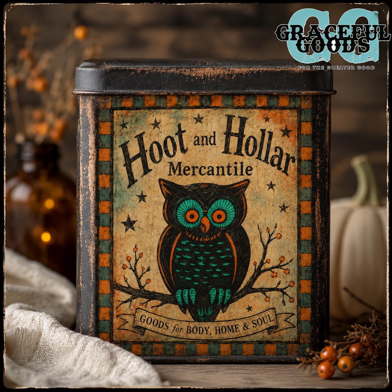 Primitive Halloween Owl Printable Label, Vintage Fall Tin Art, Folk Art Digital Download, Decoupage