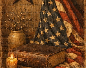 Primitive God & Country Label, Americana Flag Bible Candle, Rustic Patriotic Printable (Digital Download)