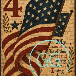 K&ouml;nnte beinhalten: Ein patriotisches Kunstwerk im Vintage-Stil mit der amerikanischen Flagge mit roten und wei&szlig;en Streifen und einem blauen Sternenfeld. Der Text lautet: "My country, 'tis of thee, sweet land of liberty, of thee I sing."