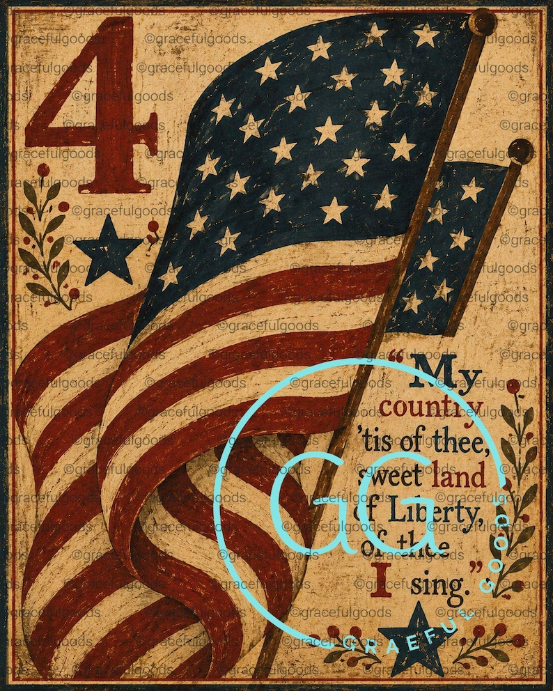K&ouml;nnte beinhalten: Ein patriotisches Kunstwerk im Vintage-Stil mit der amerikanischen Flagge mit roten und wei&szlig;en Streifen und einem blauen Sternenfeld. Der Text lautet: "My country, 'tis of thee, sweet land of liberty, of thee I sing."