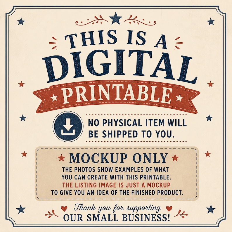 K&ouml;nnte beinhalten: Eine digitale, druckbare Ank&uuml;ndigung mit Vintage-Design. Der Text lautet "This is a Digital Printable" in Marineblau und Rot. Zus&auml;tzlicher Text lautet "Mockup Only" und "Thank you for supporting our small business!"
