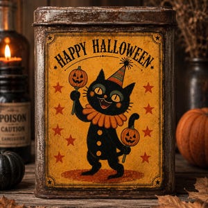 May include: A rectangular metal tin with a distressed, rusted finish featuring a vintage-style illustration of a black cat wearing a colorful party hat and ruffled collar, holding two jack-o'-lanterns, with the text Happy Halloween.