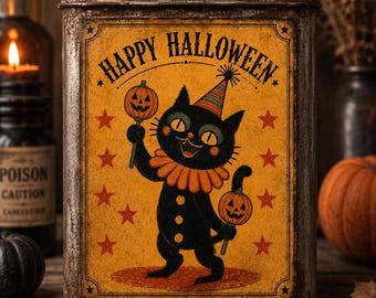 Vintage Black Cat Halloween Label, Folk Art Printable Decor (Digital Download)