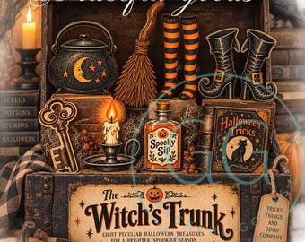 The Witch’s Trunk Vintage Halloween Printable Garland, Witch Decor, Primitive Halloween Cutouts, Instant Digital Download