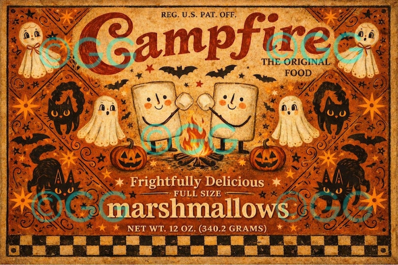 Etiqueta rústica para malvaviscos de Halloween para fogata, reproducción de estilo vintage espeluznantemente deliciosa, arte caprichoso de calabaza fantasma. imagen 2