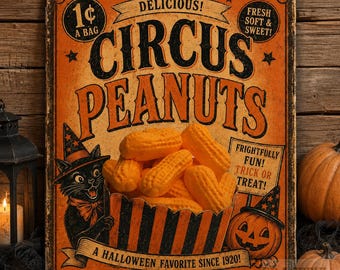 Letrero rústico de Halloween con temática de cacahuetes y circo, arte vintage de dulces (descarga digital)