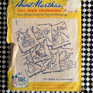 Vintage Aunt Martha’s Hot Iron Transfers #675 | Rabbit Tea Towel Motifs, Days of the Week Embroidery Pattern