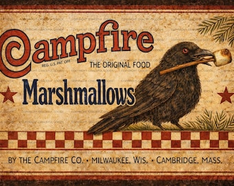Primitive Crow Campfire Marshmallow Label | Americana Folk Art (Digital Download)