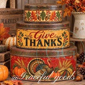 May include: A set of three stacked round metal tins with a distressed finish. The top tin features oak leaves and acorns. The middle tin displays the text Give THANKS in black lettering. The bottom tin depicts a turkey, pumpkins, and wheat stalks.