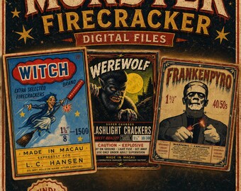 Vintage Monster Firecracker Art Prints, Halloween Witch Werewolf Frankenstein (Digital Download)