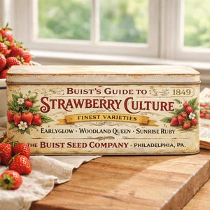 May include: A vintage rectangular tin with the text "Buist's Guide to Strawberry Culture" and illustrations of strawberries. A bowl of fresh strawberries and an open book are also present. The scene is set on a wooden surface.
