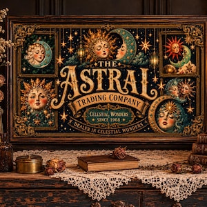May include: A framed sign for "The Astral Trading Company" with celestial imagery, including suns, moons, and stars. The sign features the text "Celestial Wonders Since 1908" and "Dealer in Celestial Wonders". The scene includes books, candles, and decorative elements.