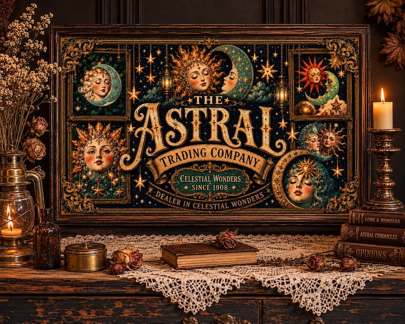 Vintage Celestial Label Art, Astral Trading Company Sign, Moon Sun ...